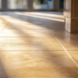 Sunlight casting shadows on beige ceramic floor tiles in a modern indoor hallway area.