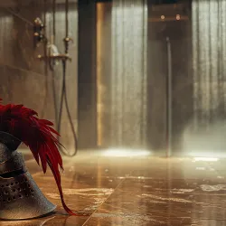 Ancient Roman gladiator helmet with red plume on tiled floor in a dimly lit room with waterfall in background