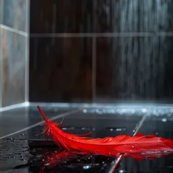 Bright red feather lying on wet black tiles with water droplets and a stream of water in the background