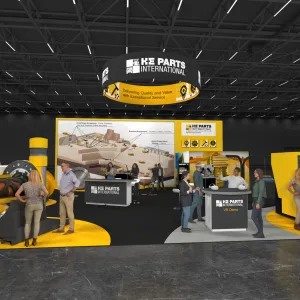 Trade show booth for HE Parts International featuring industrial machinery displays and visitor interactions.