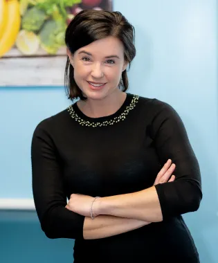 a woman looking at the camera.