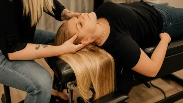 Woman receiving a relaxing head massage while lying on a black massage table in a cozy room.