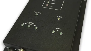 Black Locomotive Communication Router with multiple LED indicators and industrial connectors for rail network communication.