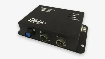 Black communication interface module with connectors and indicator lights for power, fuel, temperature, and network.