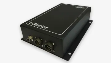 Black e-Alerter device with multiple connector ports and mounting brackets on a white background.