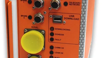 Orange crash hardened memory module with multiple ports, indicator lights, and USB download slot