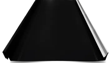 Black metal standing seam roofing panel with raised edges on both sides for secure overlapping installation.