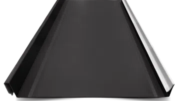 Black metal roofing panel with raised standing seams and interlocking edges for durable installation.