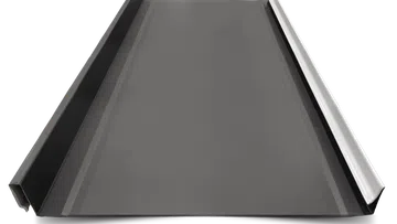 Black standing seam metal roofing panel with raised edges for secure installation and weather resistance.