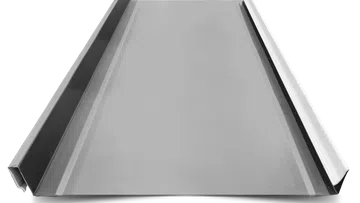 Metal roofing panel with standing seams, gray color, isolated on white background