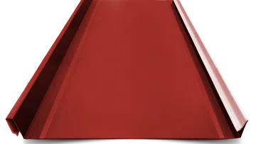 Red standing seam metal roofing panel with raised edges for secure installation and weather resistance.