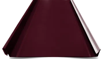 Deep red metal standing seam roofing panel with raised edges isolated on white background.