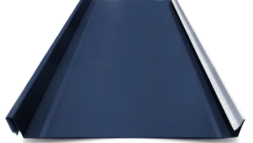 Dark blue metal roofing panel with raised seams and sleek modern design isolated on white background