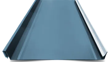 Blue metal roofing panel with standing seams on both sides isolated on white background