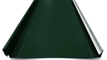 Dark green standing seam metal roofing panel with raised edges for secure installation.