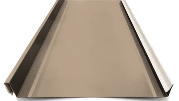 Single standing seam metal roofing panel with interlocking edges in neutral bronze color.