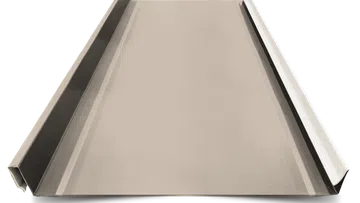 Metal roofing panel with standing seams and raised edges isolated on white background.