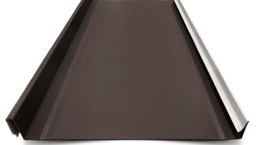 Dark brown metal roofing panel with raised seams and angled edges for weather resistance and durability.
