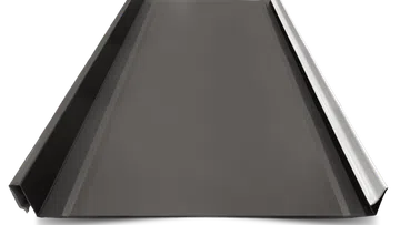 Black metal standing seam roofing panel with raised edges angled for installation.