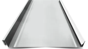 Flat metal roofing panel with raised seams and angled edges, typically used in construction and roofing.