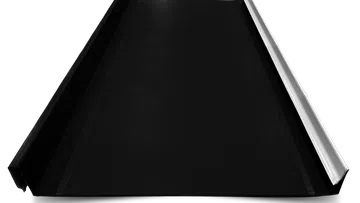 Black metal roofing panel with standing seams and silver edge trim for construction use.