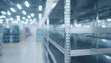 Empty metal shelving units in a brightly lit warehouse interior with blurred background of storage racks.