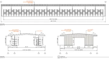 Architectural blueprint showing front, side, and cross-section views with dimensions and structural details.