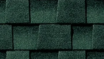 Modern house with green asphalt shingle roof and large windows next to close-up view of roof shingles.