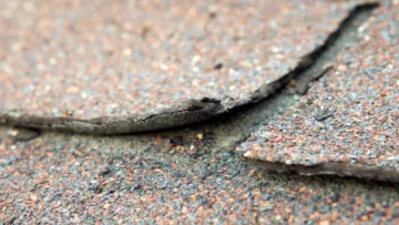 Close-up of damaged asphalt shingles with curling and lifting edges on a roof surface.