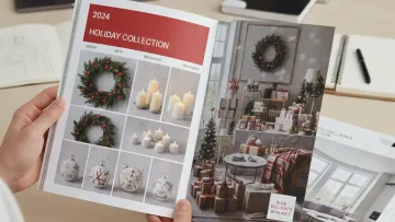 Person browsing 2024 holiday collection catalog featuring wreaths, candles, ornaments, and festive decorated living room.