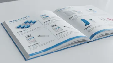 Open pharmaceutical catalog showing drug images, names, and descriptions with blue and white design.