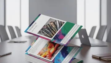 Stack of colorful brochures with artistic paintbrush designs on a conference table in a modern office room.