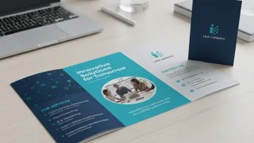 Tri-fold brochure for Lech Company with innovative tech services on a light wooden desk with laptop and glass of water.