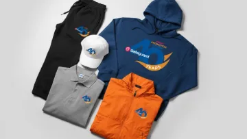 Apparel set featuring a white cap, navy hoodie, gray polo, orange jacket, and black pants with 40 years logo