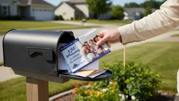 Person placing a flyer titled '130 Reasons to celebrate our anniversary' into a black mailbox in a suburban neighborhood.