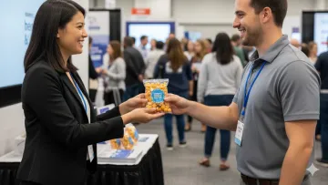 Woman in black blazer hands a bag of popcorn to a smiling man in a gray shirt at a busy event booth.
