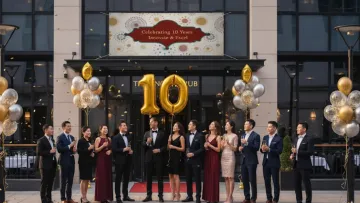 Group of people in formal attire celebrating 10-year anniversary with balloons and champagne outside a venue.