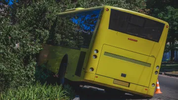 Yellow bus stuck off the road, tilted with greenery on one side and a traffic cone nearby