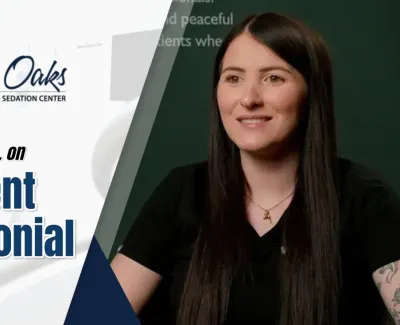 Smiling woman shares a patient testimonial for North Oaks Dental, Implants, and Sedation Center.