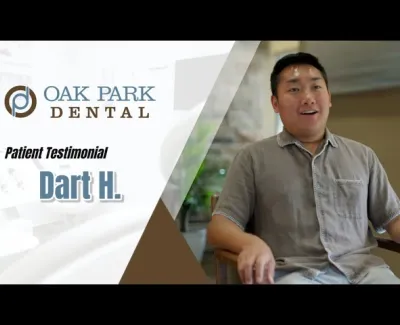 Patient testimonial from Dart H. at Oak Park Dental, featuring a smiling man sharing his positive experience.