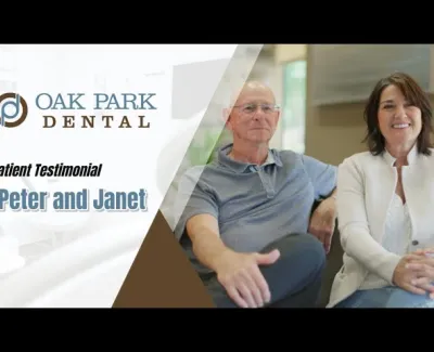 Peter and Janet share a patient testimonial sitting in a dental office at Oak Park Dental.