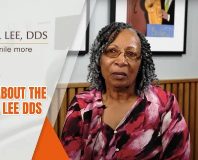 Patient testimonial featuring woman sharing her experience with staff at Paul Lee DDS dental office.