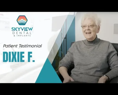Elderly woman smiling in a testimonial for SkyView Dental & Implants patient Dixie F.