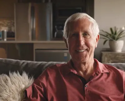 Smiling elderly man with white hair sitting on a couch in a cozy living room with plants and warm lighting.
