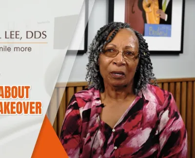 Woman shares testimonial about her smile makeover with Paul Lee DDS dental practice logo.