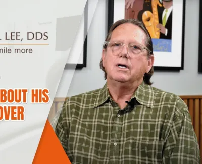 Patient Jeff shares his smile makeover testimonial with Dr. Paul Lee, DDS, featuring dental care branding.