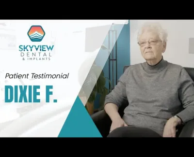 Elderly woman giving a dental patient testimonial at Skyview Dental & Implants office.