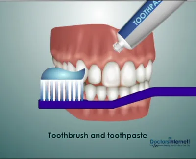 Illustration of a toothbrush with toothpaste next to a model of teeth and gums for dental care.