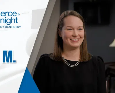 Smiling woman giving a patient testimonial for Pierce & Knight Family Dentistry in a professional setting