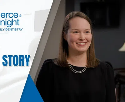 Smiling woman shares her testimonial for Pierce & Knight Family Dentistry with logo and text overlay